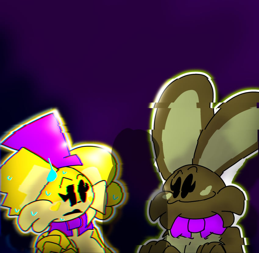 breasts bunny_ears bunny_girl chaoticdream female female_focus five_nights_at_freddy's glitch glitchtrap golden_freddy_(fnaf) green_fur shadow yellow_fur