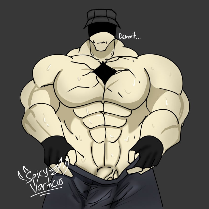 bara bulge_through_clothing cap fingerless_gloves gay lustfulsai shirtless_male solo veiny_penis