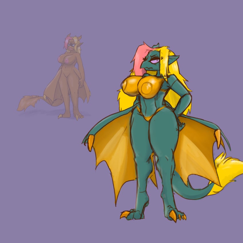 absurd_res anthro big_breasts bikini_tan blonde_hair breasts bronze_scales chimeratechspyro dragon female female_anthro hair hi_res highlights_(coloring) hip_wings long_legs metallic_dragon_(dnd) model_sheet nipples puffy_nipples raptor_claws red_eyes suntan tan_line thick_thighs