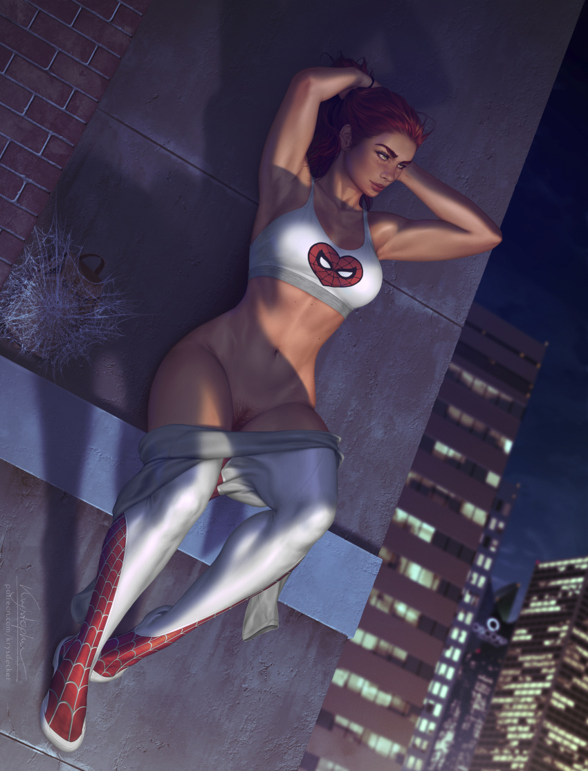 1girls clothes_removed crop_top female female_only heroine human human_only krysdecker light-skinned_female light_skin marvel mary_jane_watson on_wall pubic_hair red_hair solo spider-man_(series) spider-man_crop_top spinneret_(mary_jane_watson) themed_clothes