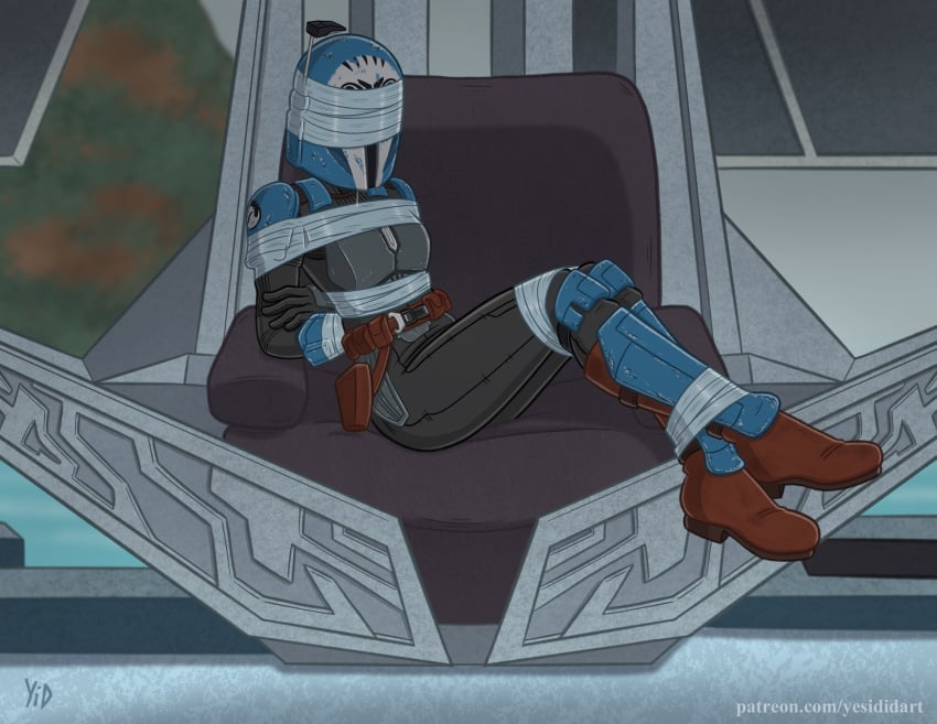 blindfold bo-katan_kryze bondage chair duct_tape femsub helmet kalevala_(planet) mandalorian on_chair restrained sitting star_wars submissive tape tape_blindfold tape_bondage the_mandalorian throne throne_room yes_i_did