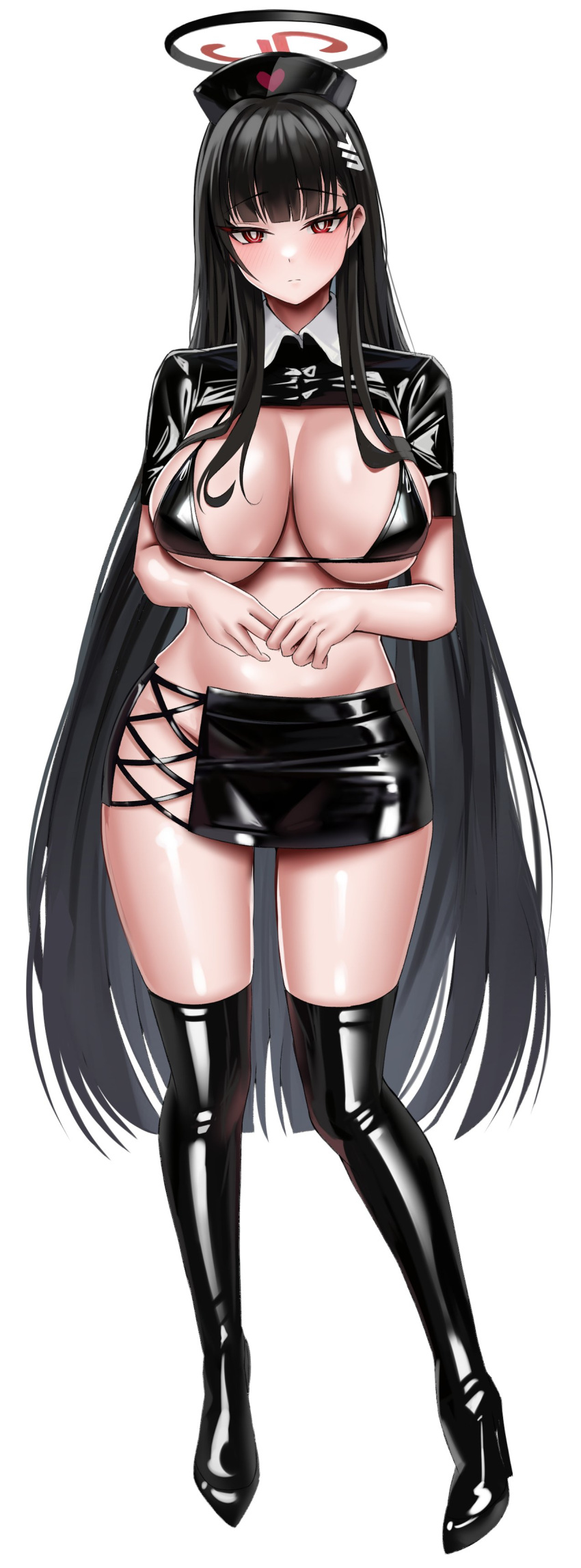 2024 2d 2d_(artwork) 5_fingers big_breasts big_thighs black_hair black_latex black_latex_bra black_latex_elbow_gloves black_latex_miniskirt black_latex_skirt black_latex_thighhighs blue_archive blush bolero breasts busty halo hat heart hi_res high_heel_boots high_heels highres hips hourglass_figure large_breasts large_thighs latex latex_bra latex_skirt latex_thighhighs light-skinned_female light_skin long_hair looking_at_viewer millennium_science_school_student onedoo open_shirt red_eyes revealing_breasts rio_(blue_archive) seminar_(blue_archive) seminar_president short_skirt shrug_(clothing) simple_background skimpy skimpy_clothes sleeves slim_waist straight_hair sweaty_body thick_thighs thighs white_background wide_hips