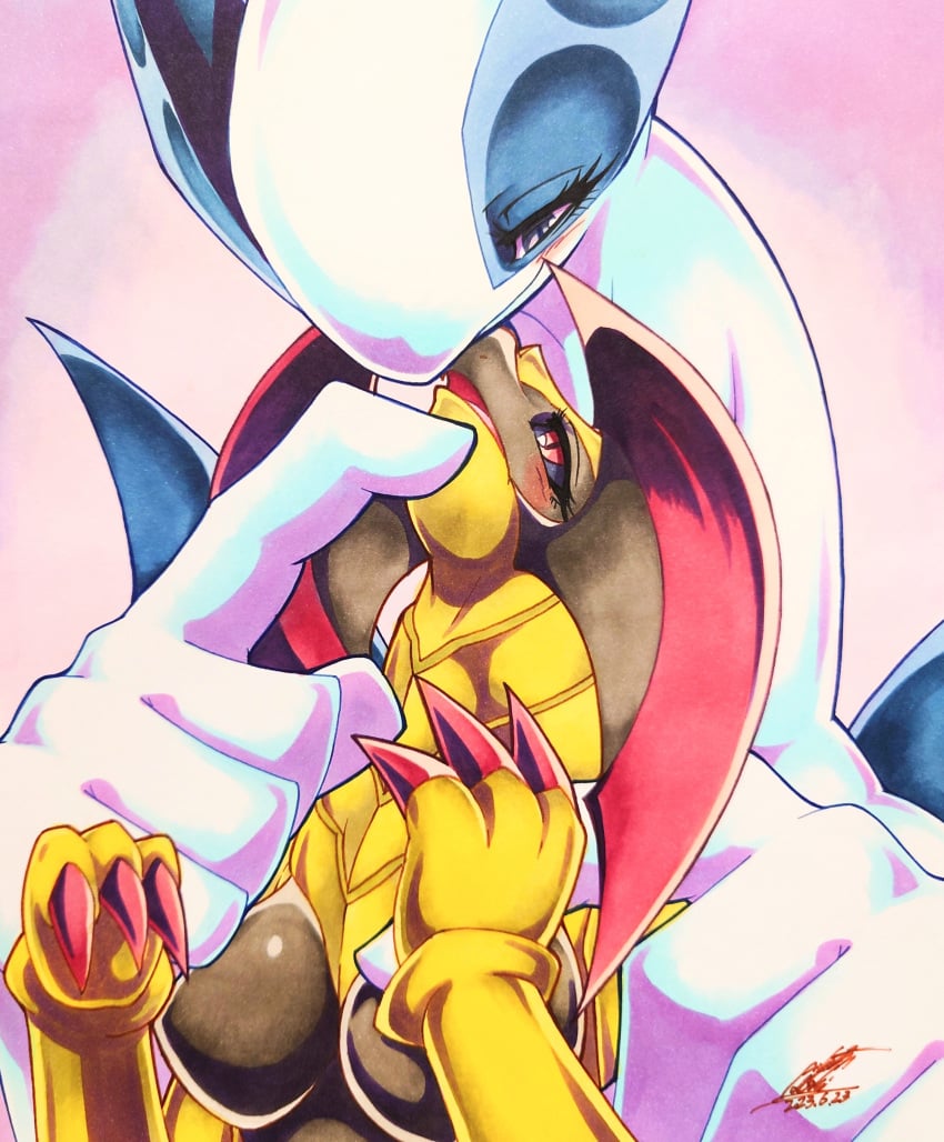 025aki 2023 2girls abstract_background anthro anthro_only big_breasts black_sclera blue_eyes blush blush_lines breasts claws cuddling cute dated dragon dragon_girl eyelashes featureless_breasts female female_only female_pokemon generation_2_pokemon generation_5_pokemon half-closed_eyes haxorus legendary_pokémon legendary_pokemon lugia multicolored_body open_mouth pointy_breasts pokémon_(species) pokemon pokemon_(species) pokemon_bw pokemon_gsc red_eyes signature tongue white_body wholesome yuri