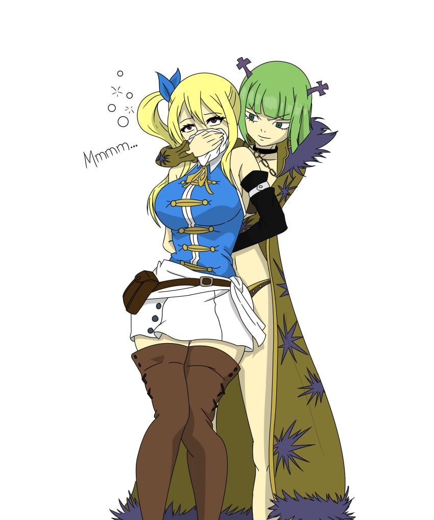 2girls big_breasts blonde_hair brandish_mew catfight chloroform covering_another's_mouth covering_mouth damsel_in_distress defeated_heroine desperation eyes_open fairy_tail fat_ass fear female female_focus female_only femsub forced_submission green_hair helpless lesbian lucy_heartfilia multiple_girls submissive_female thick_thighs trying_to_break_free trying_to_escape unhappy_female yuri