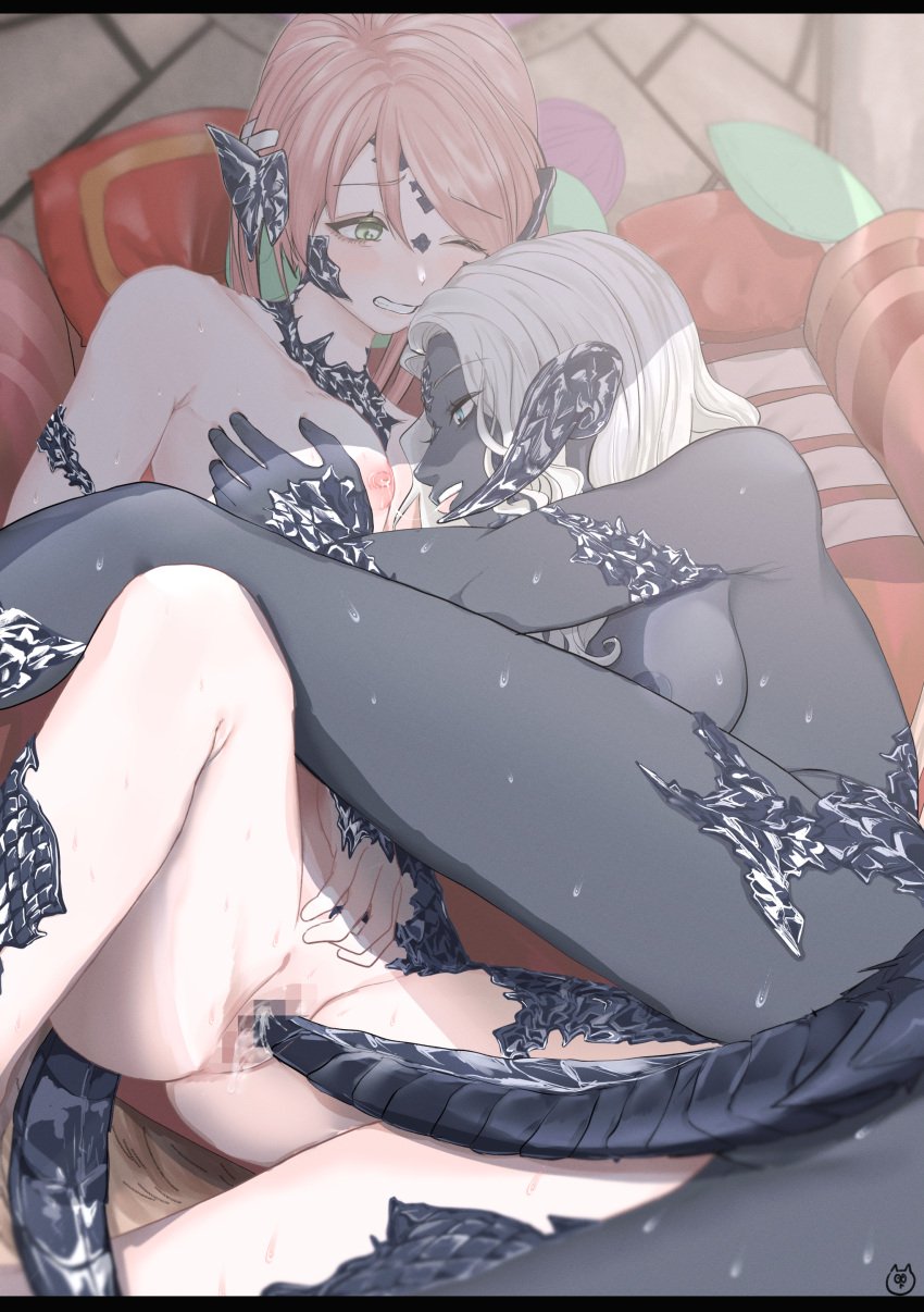 2girls absurdres au_ra black_horns black_skin blue_eyes breasts censored cirina_mol colored_skin completely_nude dragon_girl dragon_horns dragon_tail final_fantasy final_fantasy_xiv grabbing grabbing_another's_breast green_eyes highres horns mosaic_censoring multiple_girls nipples nude pillow pink_hair pussy pussy_juice sadu_dotharl saliva saliva_trail scales shade sweat tail tail_insertion tail_sex tounooji_(akiomeromisa) vaginal_penetration white_hair yuri