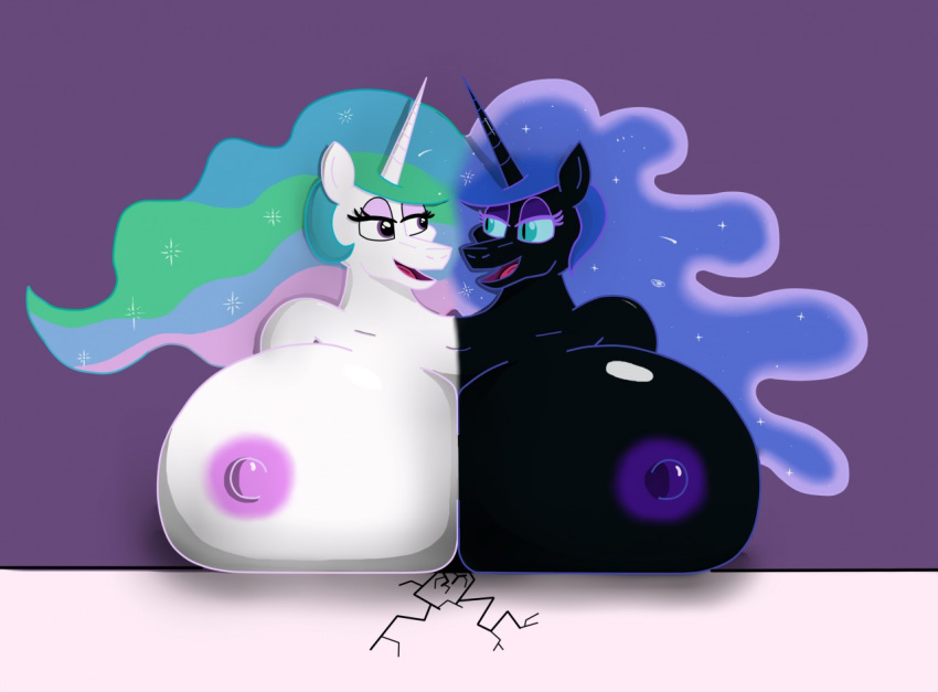 2019 2_heads alicorn anthro areola big_breasts black_body black_skin blue_hair breasts conjoined equid equine eyelashes eyeshadow female friendship_is_magic green_hair hasbro horn huge_breasts long_hair multicolored_hair my_little_pony nightmare_moon_(mlp) nipples pilot129 pink_eyeshadow pink_hair princess_celestia_(mlp) princess_luna_(mlp) purple_eyeshadow purple_hair siblings sister sisters smile white_body white_skin