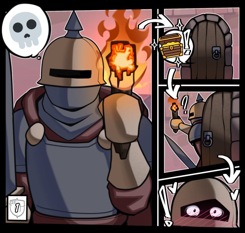 1boy 2024 2d 2d_(artwork) comic comic_page helmet hi_res highres igxxiii imminent_sex knight male male/only no_visible_genitalia original original_character skull torch treasure