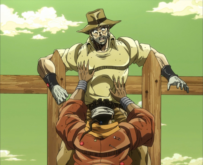 2boys blowjob!?!?!? closed_hand dark-skinned_male david_productions fence hand_on_belly hand_on_chest jojo's_bizarre_adventure joseph_joestar light-skinned_male looking_down male/male male_focus mohammed_avdol muscular_male old_joseph older_male open_hand open_mouth real screenshot shounen_jump stardust_crusaders surprised_expression yaoi younger_male