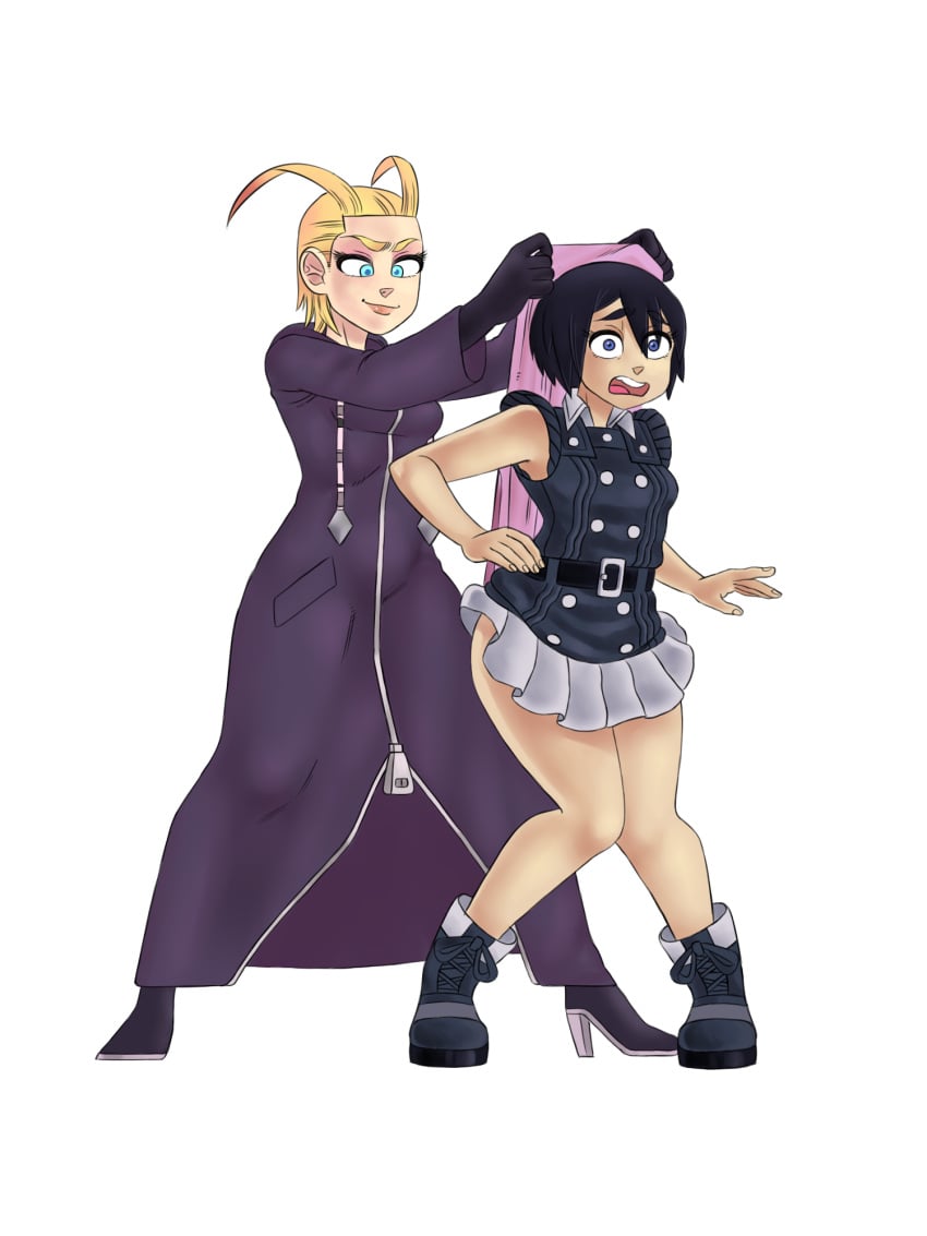 atomic_wedgie black_coat black_hair blonde_hair blue_eyes euf green_eyes humiliation kingdom_hearts kingdom_hearts_358/2_days kingdom_hearts_iii larxene nobody_(kingdom_hearts) pink_panties short_hair source_request wedgie white_skirt xion yokappa69