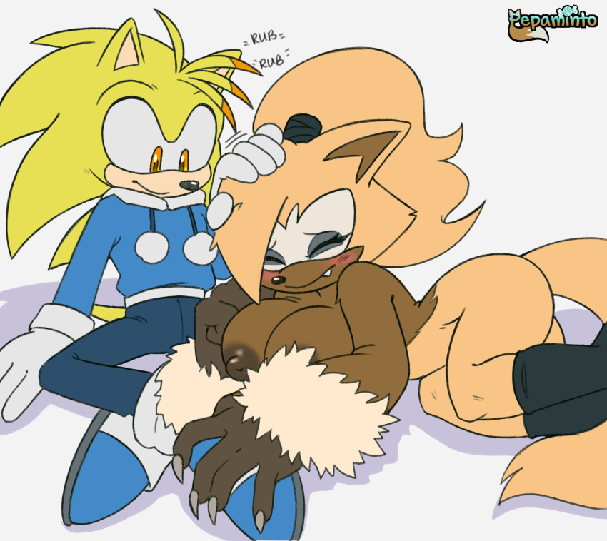 1girls big_breasts blush boots_only claws cute cute_face fan_character female head_rub lying_on_lap male mobian mostly_nude pepamintop ponytail sega sonic_(series) sonic_the_hedgehog_(series) were werewolf whisper_the_wolf wholesome