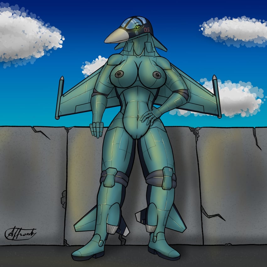 absurd_res aeromorph affront aircraft animate_inanimate breasts female green_eyes hi_res humanoid living_aircraft living_machine living_vehicle low-angle_view machine pose presenting skyline solo su-34 sukhoi_su-34 vehicle weird