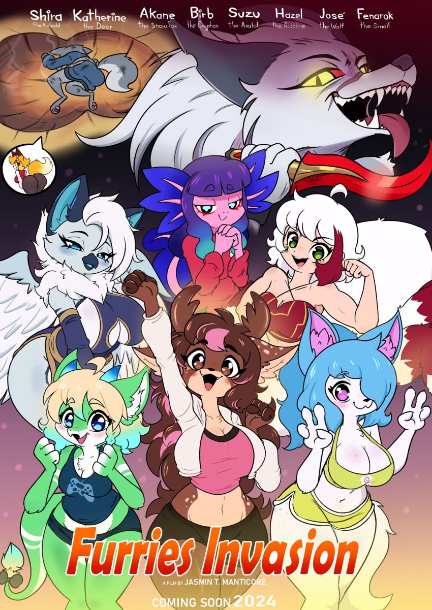 1boy 7girls 8girls arachne axolotl axolotl_girl beak big_breasts blush blush_lines breasts deer deer_antlers deer_ears deer_girl deer_horns fluffy fluffy_ears fluffy_hair fluffy_tail fluffy_tails fox fox_ears fox_girl fox_tail gryphon happy jasminthemanticore kobold looking_at_viewer peace_sign poster smug smug_face tagme thick_thighs thighs white_fox wolf wolf_ears wolf_girl