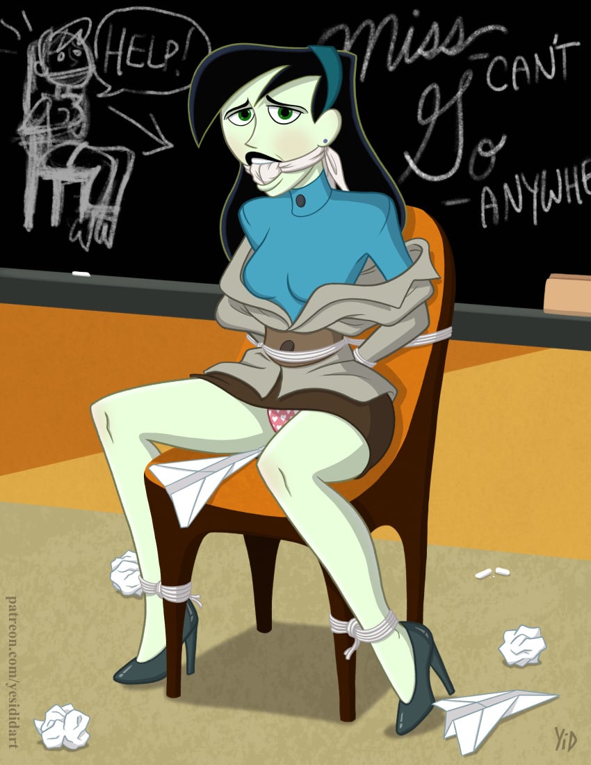 bondage bound disney disney_channel female female_only fully_clothed gag gagged high_heels kim_possible miniskirt miss_go panty_peek pantyshot paper_airplane restrained rope rope_bondage shego skirt teacher tied_to_chair yes_i_did