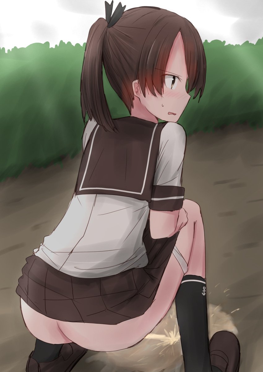 absurdres ass black_collar black_skirt black_socks brown_hair collar female highres kamaboko_senshi kantai_collection outdoors peeing ponytail school_uniform serafuku shikinami_(kantai_collection) skirt socks squatting white_serafuku