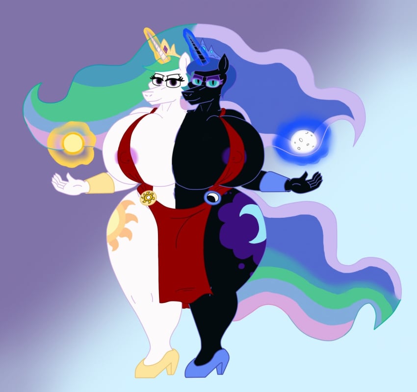 2019 2_heads alicorn anthro areola big_breasts black_body black_skin blue_hair breasts clothing conjoined crown cutie_mark equid equine eyelashes eyeshadow female footwear friendship_is_magic green_hair hasbro high_heels horn huge_breasts long_hair multicolored_hair my_little_pony nightmare_moon_(mlp) nipples pilot129 pink_eyeshadow pink_hair princess_celestia_(mlp) princess_luna_(mlp) purple_eyeshadow purple_hair siblings sister sisters smile thick_thighs white_body white_skin wide_hips