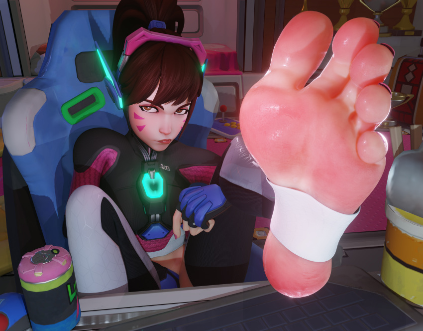 1girls 3d absurd_res asian asian_female bangs barefoot blender blizzard_entertainment blush blushing_at_viewer bodysuit bottomless brown_eyes brown_hair chair clothed clothing d.va facepaint feet feet_up female female_only flashing foot_fetish foot_focus gamer_girl gaming gloves hana_song headgear headphones hi_res highres implied_masturbation keyboard leggings livestream looking_at_viewer masturbation meaty_soles overwatch overwatch_2 painted_nails painted_toenails pink_toenails ponytail pout ramen rubbing_pussy sitting sitting_on_chair soles solo stirrup_legwear streaming sweat syclops toes topwear