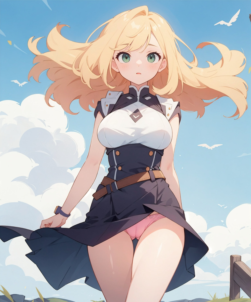 ai_generated big_breasts blonde_hair blue_sky breasts daylight green_eyes jorgecarlosai long_hair panties pink_panties skirt_lift wind windy windy_skirt