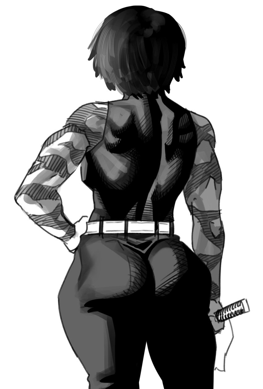 1girls ass back back_muscles back_view backboob big_ass big_butt black_and_white burn_scar female female fully_clothed hand_on_hip incinerated_art jujutsu_kaisen looking_away muscles muscular muscular_female scar short_hair tank_top turtleneck zenin_maki