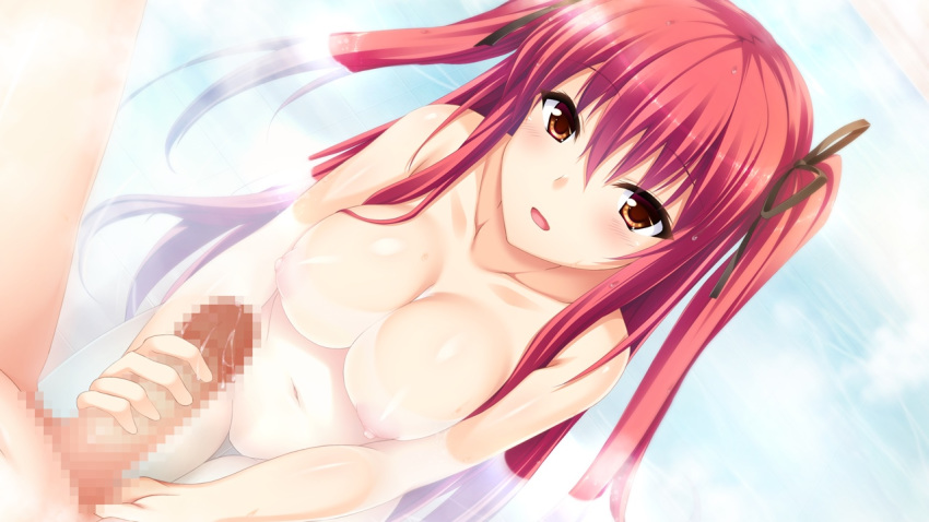 areolae blush breasts brown_eyes censored female game_cg kimishima_ao long_hair mitsu_king mosaic_censoring navel nipples nude otome_ga_kanaderu_koi_no_aria penis red_hair saijou_ayaka tied_hair tsukahara_izumi twintails zinno