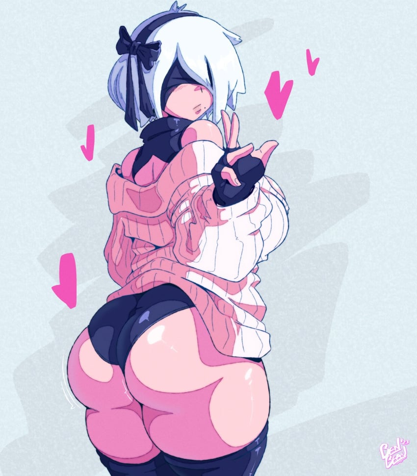 1girls ass benbeau blindfold bow breasts female female_only high_resolution large_ass large_breasts mole mole_under_mouth nier:_automata ribbon sweater thighhighs thighs white_hair wide_hips yorha_2b