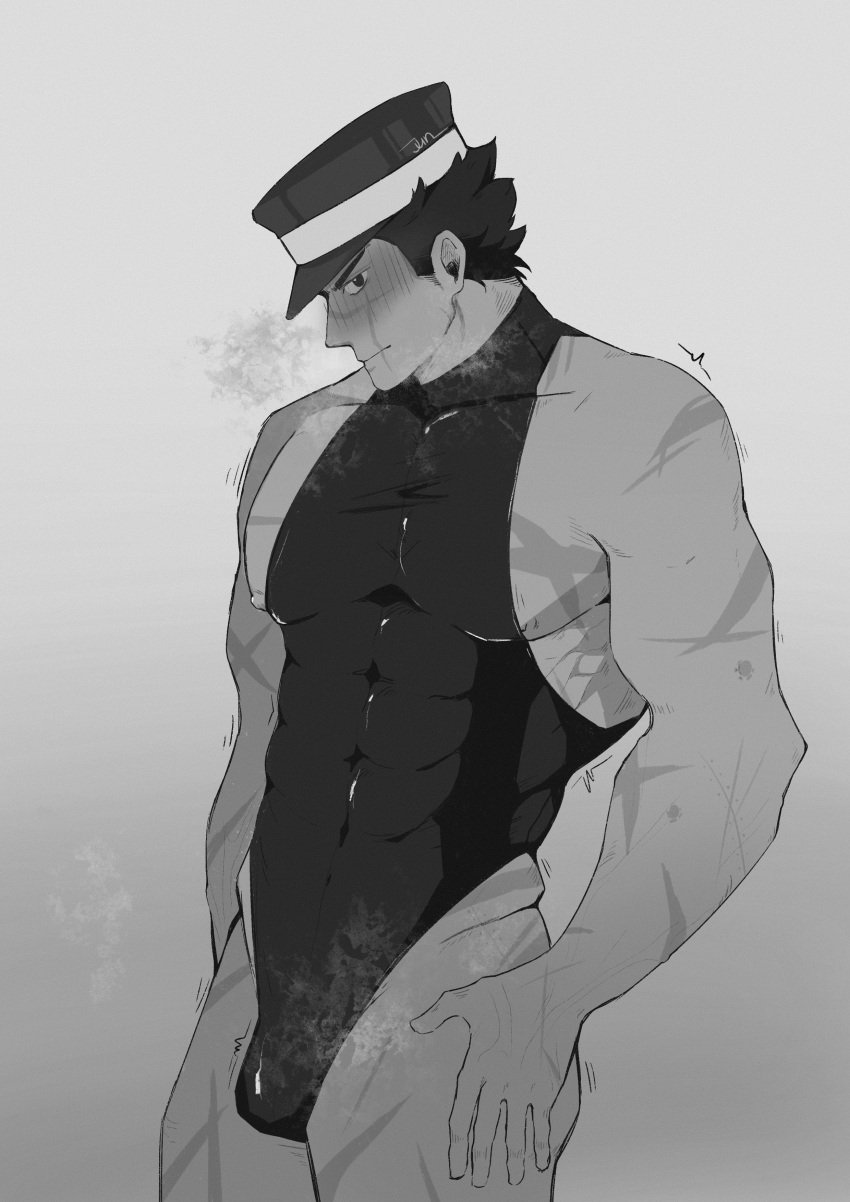 1boy bara black_hair blush breath chest_scar facial_scar gay golden_kamuy junrryu male male_focus male_only monochrome muscles muscular muscular_male saichi_sugimoto scar scar_on_cheek scar_on_face scar_on_nose solo sugimoto_saichi