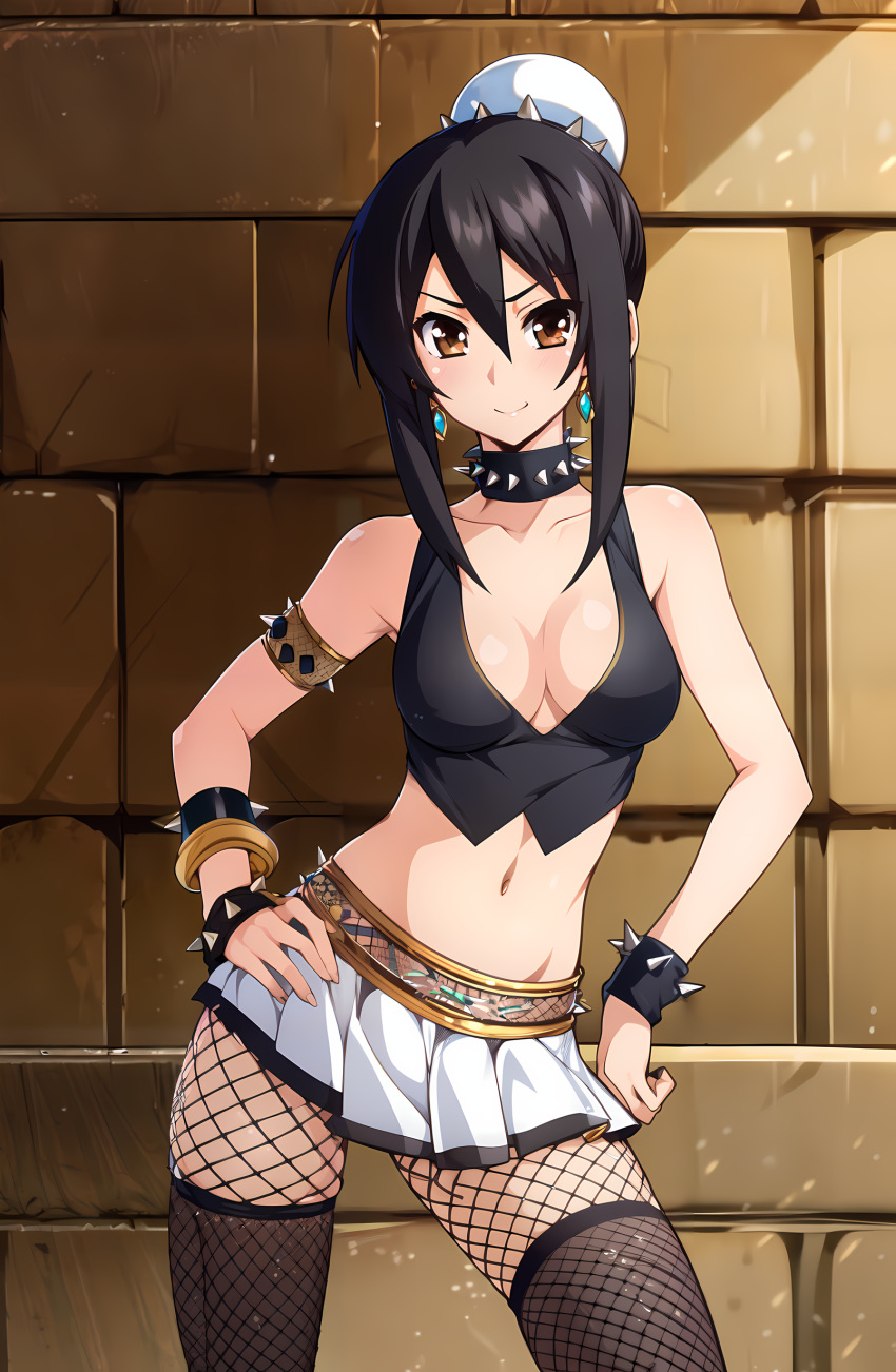 ai_generated armlet black_hair bleach bracelet breasts brown_eyes earrings female fishnets goth goth_girl hair_bun hairbun hand_on_hip hinamori_momo jewelry looking_at_viewer midriff nai_diffusion skirt small_breasts solo spiked_collar spikes stable_diffusion thighhighs tied_hair unstable_diffusion