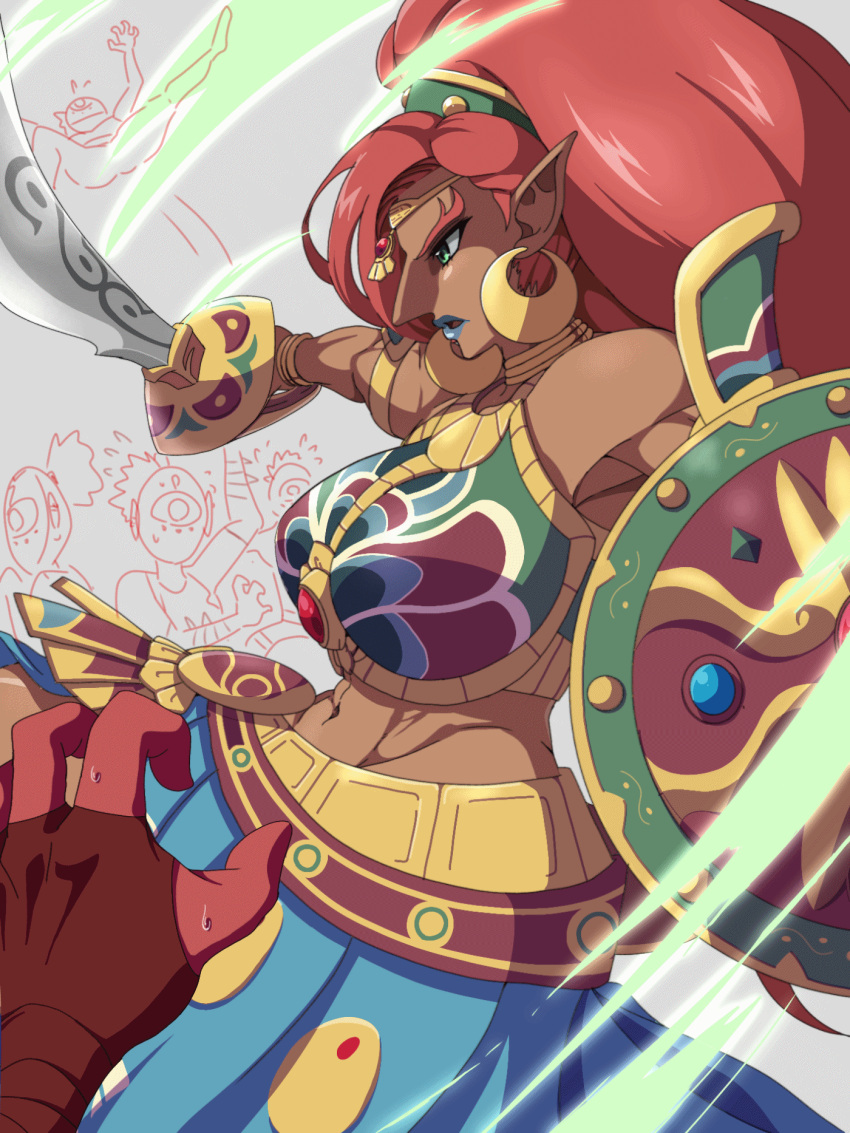 1girls 2022 abs armor belt blue_lips blue_lipstick blue_skirt bracelet breastplate breasts breath_of_the_wild brown-skinned_female brown_skin clothed clothed_female combat crowd dark-skinned_female dark_skin earrings female female_focus gerudo green_eyes green_eyes_female hair_tubes holding holding_shield holding_sword holding_weapon lipstick long_hair long_nose mask masked_male muscle muscles muscular muscular_arms muscular_female muscular_thighs nintendo page_1 profile red_belt red_hair red_hair_female ryohei_29 sequence sheikah_slate shield shocked shocked_expression skirt sword the_legend_of_zelda the_legend_of_zelda:_breath_of_the_wild tied_hair toned toned_female urbosa very_long_hair yiga yiga_clan