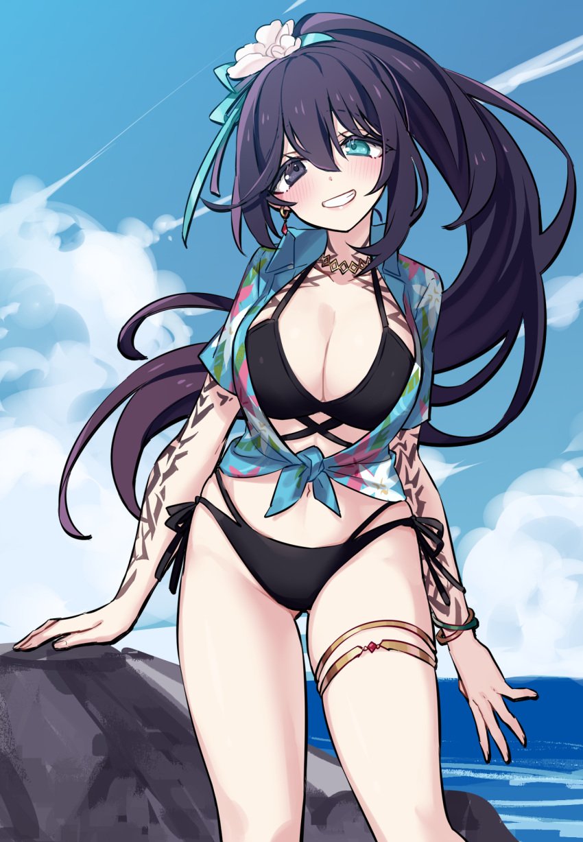 1girls big_breasts bikini blush cleavage clothing flower flower_in_hair heterochromia hong_lu hong_lu_(limbus_company) limbus_company long_hair open_clothes ponytail project_moon rule_63 seaside shirt smile standing tattoo tattoos violet_hair