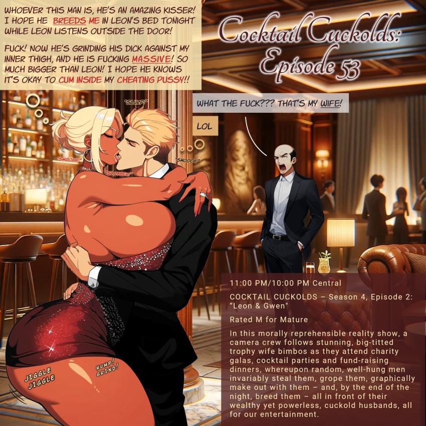 1girls 2boys ai_generated angry bar barely_clothed bimbo bimbo_body bimbo_lips blonde_female breasts_bigger_than_head brown_dress bun_hair cheating_wife closed_eyes cocktail cocktail_cuckolds cuckold dialogue dry_humping formal_wear french_kiss gigantic_breasts grinding grinding_on_penis hoop_earrings huge_ass huge_breasts hugging husband_in_background infidelity jealous jiggling_ass kissing making_out married_couple married_woman nai_diffusion netorare original party passionate_kiss pink_eyeshadow pink_lipstick pink_nails platinum_blonde_hair red_dress sequin_dress shiny_skin short_dress sideboob slutty_outfit strapless_dress suit tanned_female thick_thighs thought_bubble tight_dress tongue_kiss tv tv_show wedding_ring