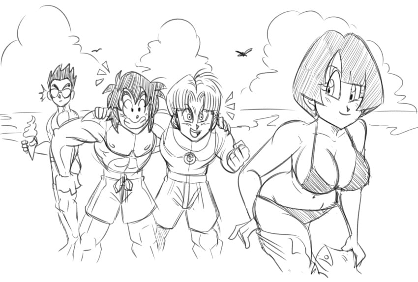 1girls 1milf 3boys beach big_breasts bikini breasts dragon_ball dragon_ball_z funsexydragonball husband_and_wife interested jealous jealous_male married_couple married_woman mature_female mature_woman milf son_gohan son_goten trunks_briefs undressing undressing_self videl watching young_man young_man_and_milf