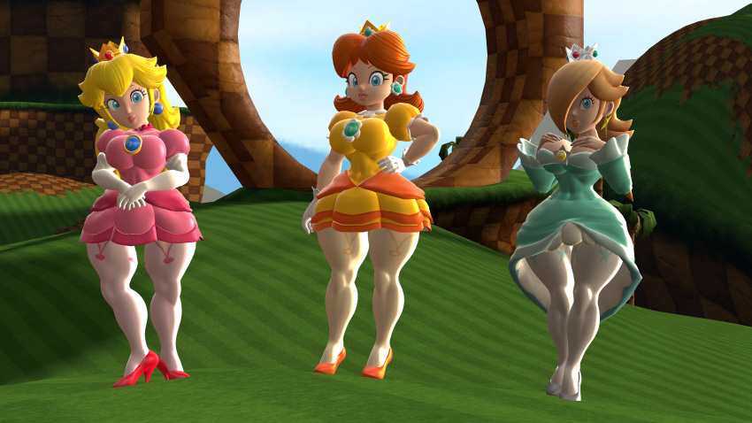 3d 3d_(artwork) 3girls blonde_hair blue_eyes breasts brown_hair crown earrings female female_only full_body gloves high_heels long_hair mario_(series) multiple_girls nikopalad67140 nintendo outdoors platinum_blonde_hair princess_daisy princess_peach princess_rosalina short_dress source_filmmaker standing stockings tagme