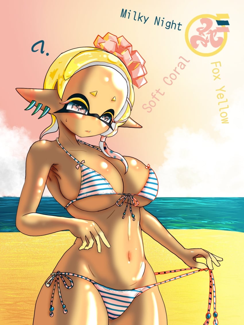 2024 ? beach big_breasts black_eyelashes breasts dark-skinned_female dark_body dark_skin digital_media_(artwork) ear_piercing frye_(splatoon) frye_onaga headwear hi_res inkling looking_at_self marine marine_humanoid mollusk mollusk_humanoid multicolored_bikini nintendo ocean pink_bikini pink_bikini_bottom pink_bikini_top pointy_eared_humanoid pointy_ears question_mark sand splatoon splatoon_(series) splatoon_3 sunset yellow_eyelashes yellow_hair