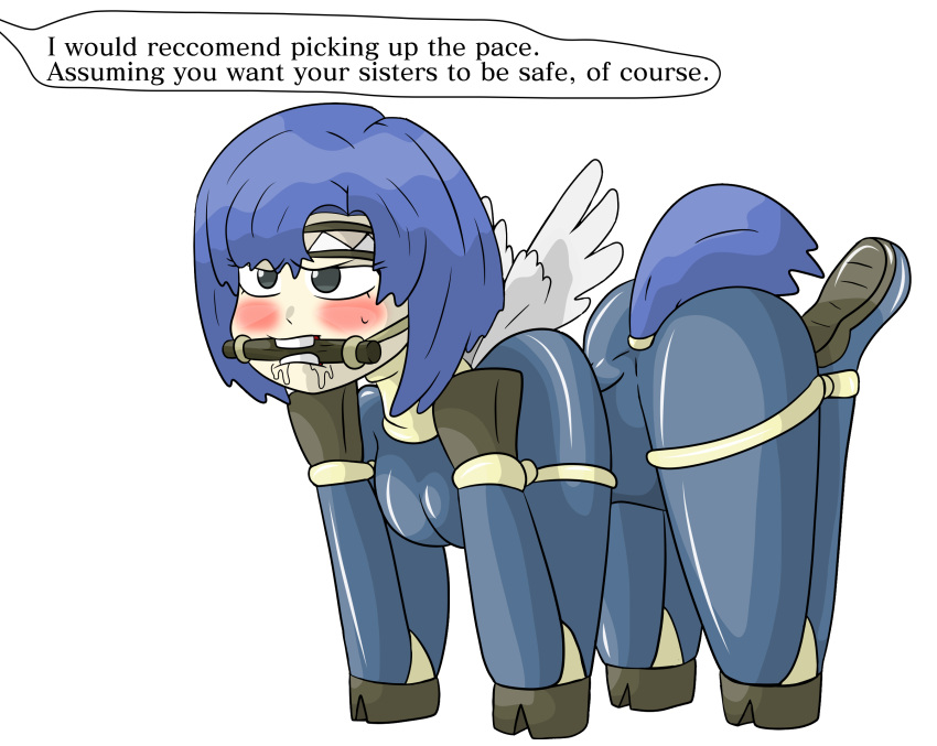 1girls all_fours ass bdsm big_ass bitchsuit blackmail blue_hair bondage bound breasts catria_(fire_emblem) drooling english_text female female_only femsub fire_emblem fire_emblem:_mystery_of_the_emblem fire_emblem:_shadow_dragon_and_the_blade_of_light frown gag grey_eyes headband humiliation medium_breasts nintendo ponyplay protoy restrained saliva saliva_trail short_hair slave solo story_at_source tail text transparent_background wings