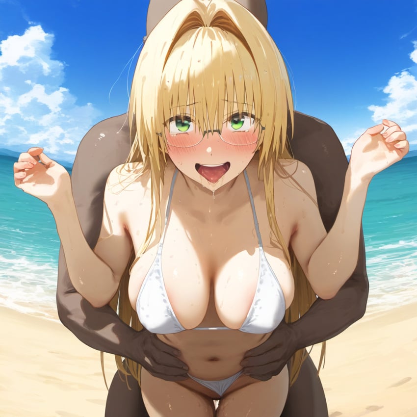 1boy 1girls ahe_gao ai_generated arms_at_sides bald beach big_breasts bikini bikini_aside bikini_bottom bikini_bottom_aside bikini_top blonde_hair blunt_bangs blush breasts cleavage dark-skinned_male dark_skin eyes_rolling_back eyewear faceless_male female female_focus fucked_from_behind fucked_senseless fucked_silly fukifuki glasses green_eyes huge_breasts interracial large_breasts light-skinned_female light_skin mature mature_female megane milf moaning nai_diffusion outdoors revealing_swimsuit seaside sensei skimpy skimpy_bikini stable_diffusion swimsuit teacher tearju_lunatique to_love-ru to_love-ru_darkness vaginal_penetration vaginal_sex very_long_hair waist_grab white_bikini