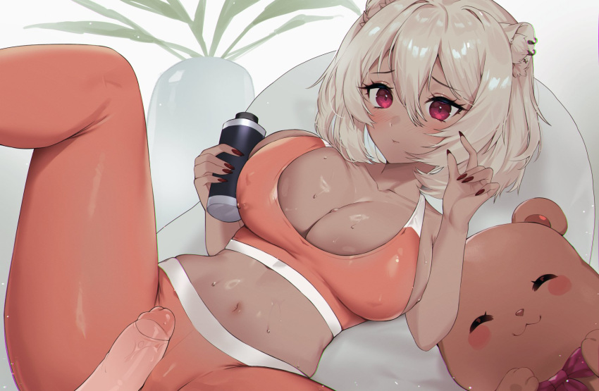 1boy 1girls animal_ears bear_ears black_nails bottle breasts cleavage closed_mouth covered_nipples dark-skinned_female dark_skin female fingernails hachimitsu_ai hair_between_eyes highres holding holding_bottle indie_virtual_youtuber large_breasts leggings light-skinned_male light_brown_hair light_skin long_fingernails lost-phews lying midriff navel on_back orange_leggings orange_sports_bra penis red_eyes short_hair solo_focus sports_bra straight stuffed_animal stuffed_toy sweat teddy_bear uncensored virtual_youtuber