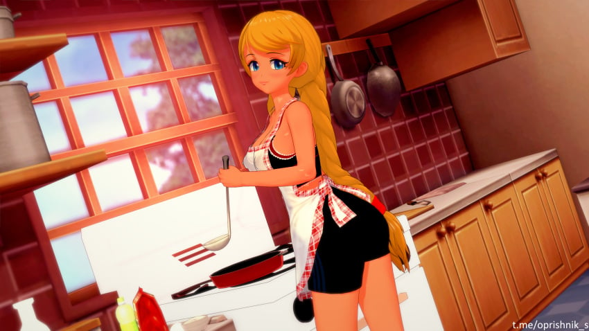 1girls apron blonde_hair braid braids everlasting_summer kitchen koikatsu light-skinned_female light_skin looking_at_viewer no_sex oprishnik-s_(artist) shorts slavya-chan slavya-tan slavya_(everlasting_summer) solo soviet topwear