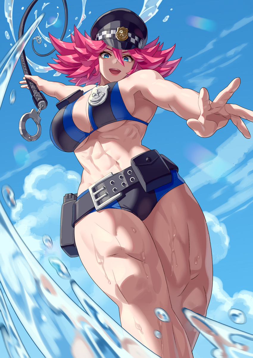 abs alternate_costume beach cuffs final_fight fit_female looking_at_viewer muscular_female muscular_thighs poison_(final_fight) police_badge police_hat police_uniform policewoman street_fighter swimsuit whip yagi2105