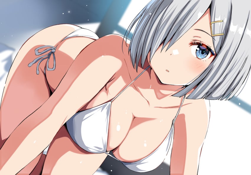 1girls :o ass bed bedroom belko big_breasts bikini blue_eyes breasts clavicle cleavage eyelashes female female_only hair_over_one_eye hairclip hamakaze_(kantai_collection) hips huge_breasts indoors kantai_collection large_breasts legs looking_at_viewer shiny_hair shiny_skin short_hair side-tie_bikini solo swimsuit thighs white_bikini white_hair white_swimsuit wide_hips