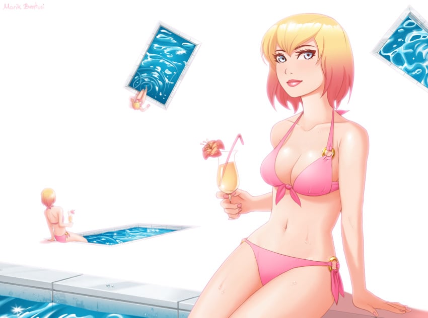 3girls big_breasts bikini blonde_hair blue_eyes drink flower gwen_poole gwenpool looking_at_viewer marikbentusi marvel pink_bikini pink_hair pool sitting two_tone_hair water