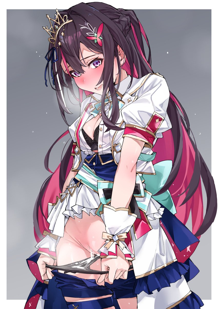 absurdres azki_(hololive) black_bra black_hair black_panties blue_shorts blush bow bowtie bra breasts cleavage colored_inner_hair corset cum cum_in_pussy cum_on_clothes female hair_between_eyes hair_ornament highres hololive hololive_gen_0 hololive_idol_uniform_(bright) hololive_japan idol idol_clothes jacket long_hair looking_at_viewer medium_breasts multicolored_hair open_mouth panties panty_pull pink_hair puffy_short_sleeves puffy_sleeves purple_eyes pussy sash shirt short_sleeves shorts solo streaked_hair thigh_strap underbust underwear virtual_youtuber white_hair white_jacket white_shirt wrist_cuffs yuukauta