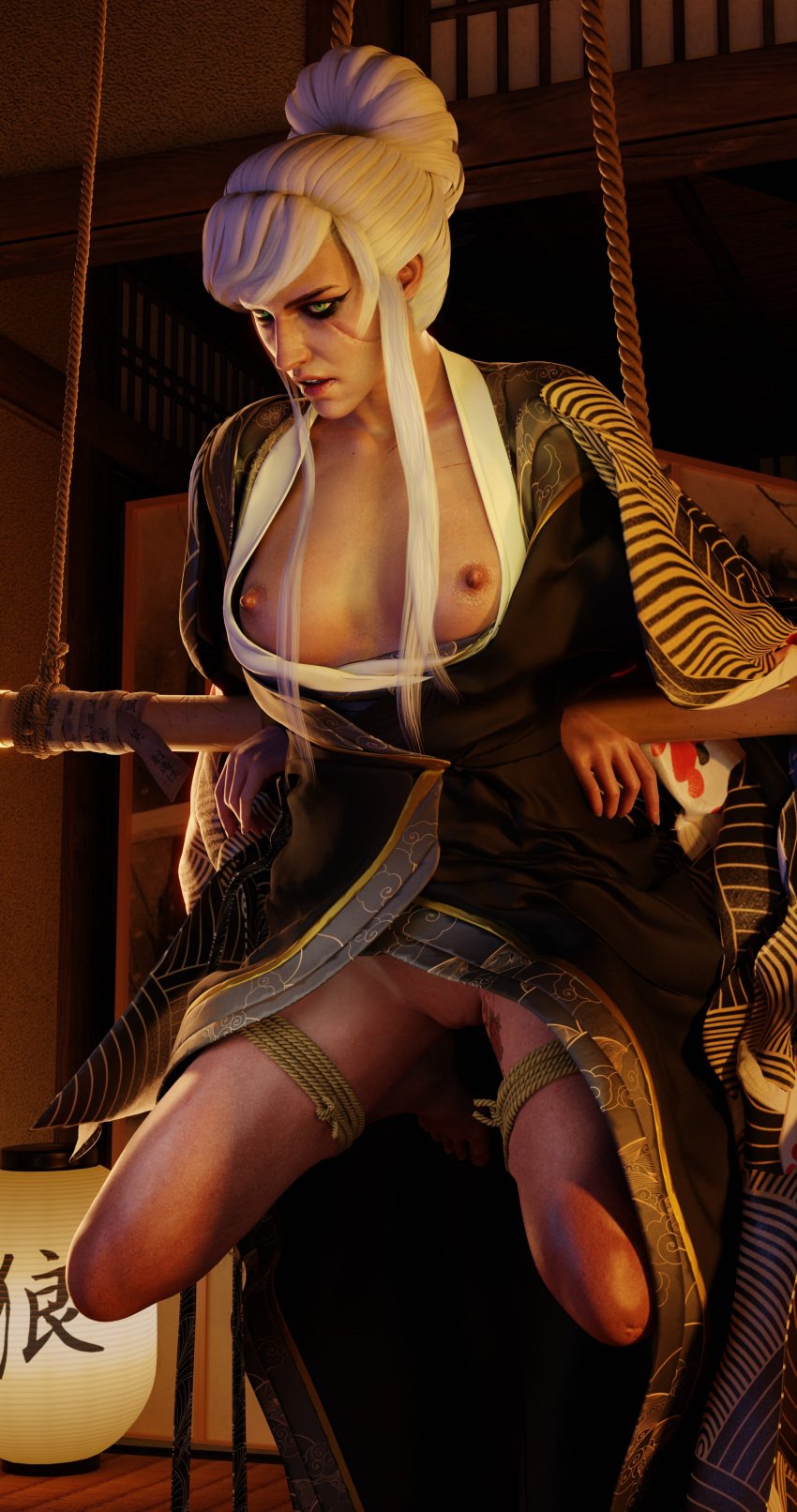 1girls 3d blendguardian bondage ciri clothed_female exposed_breasts exposed_nipples green_eyes light-skinned_female nude open_mouth partially_clothed partially_nude pussy scar solo_female solo_focus tattoo the_witcher_(series) the_witcher_3:_wild_hunt white_hair