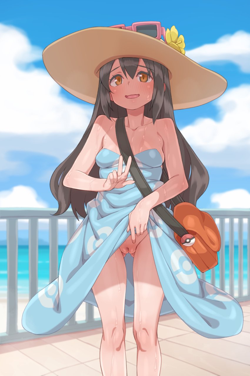 bare_shoulders black_hair blue_dress blue_sky breasts brown_headwear cleavage cleft_of_venus clothes_lift cloud commentary_request day dress dress_lift eyewear_on_headwear female hat highres lifted_by_self looking_at_viewer medium_breasts no_panties npc_trainer outdoors pokemon pussy sightseer_(pokemon) sky sleeveless sleeveless_dress smile solo standing sunglasses sweat tenako_(mugu77) thigh_gap uncensored