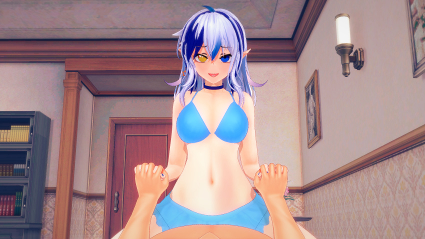 1boy 1girls ambiguous_penetration bikini blue_eyes blue_hair blush cowgirl_position heterochromia holding_hands jesse_llum koikatsu light-skinned_female light-skinned_male long_hair looking_up maverick_30 pointy_ears star_earrings straight tagme unseen_male_face virtual_youtuber vtuber white_hair yellow_eyes