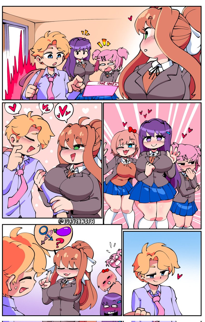 1boy 4_fingers 4girls big_breasts blue_eyes blue_skirt blush blush_lines blushing breasts clothed clothes clothing comic comic_page comission commission commission_art doki_doki_literature_club doki_doki_takeover friday_night_funkin heart hearts long_hair monika_(doki_doki_literature_club) mouth_open natsuki_(doki_doki_literature_club) open_mouth pink_hair purple_eyes purple_hair quavernsfw sayori_(doki_doki_literature_club) senpai_(friday_night_funkin) skirt small_breasts strawberry_blonde_hair tagme talking_to_another thick_thighs tie voluptuous yuri_(doki_doki_literature_club)