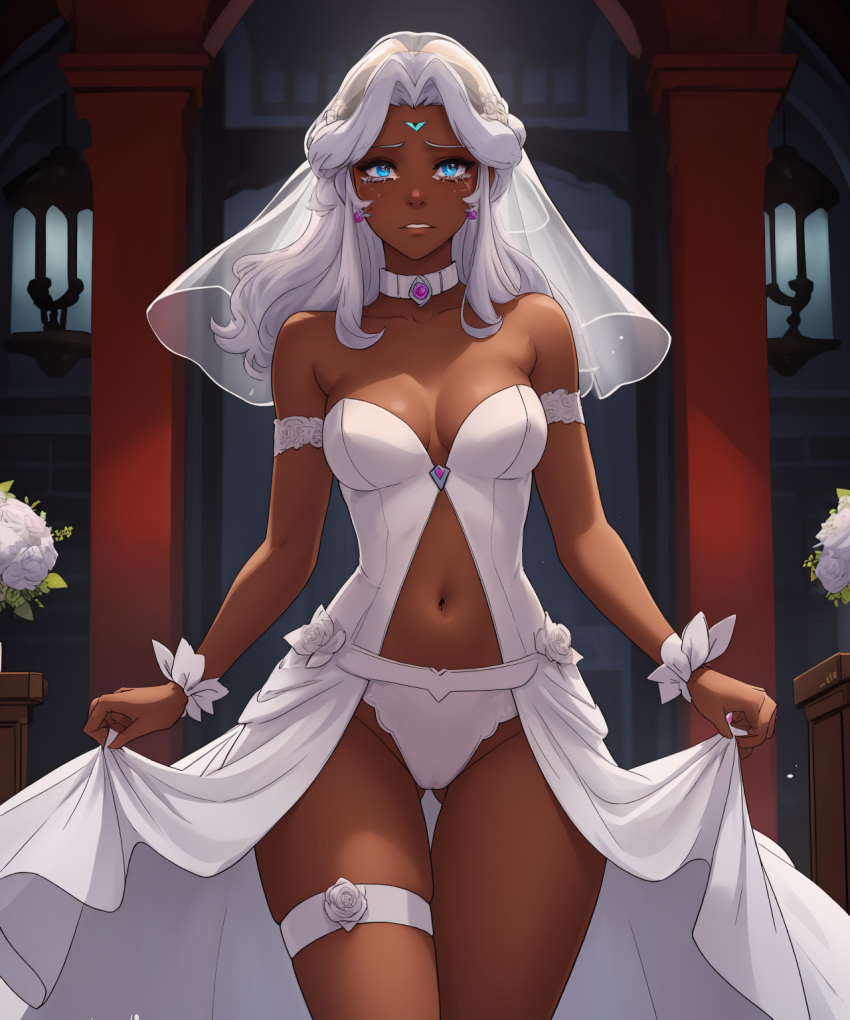 ai_generated blue_eyes bride collar dark-skinned_female dark_skin long_hair panties princess_allura stable_diffusion thigh_strap thighs voltron:_legendary_defender wedding_dress wedding_veil white_hair