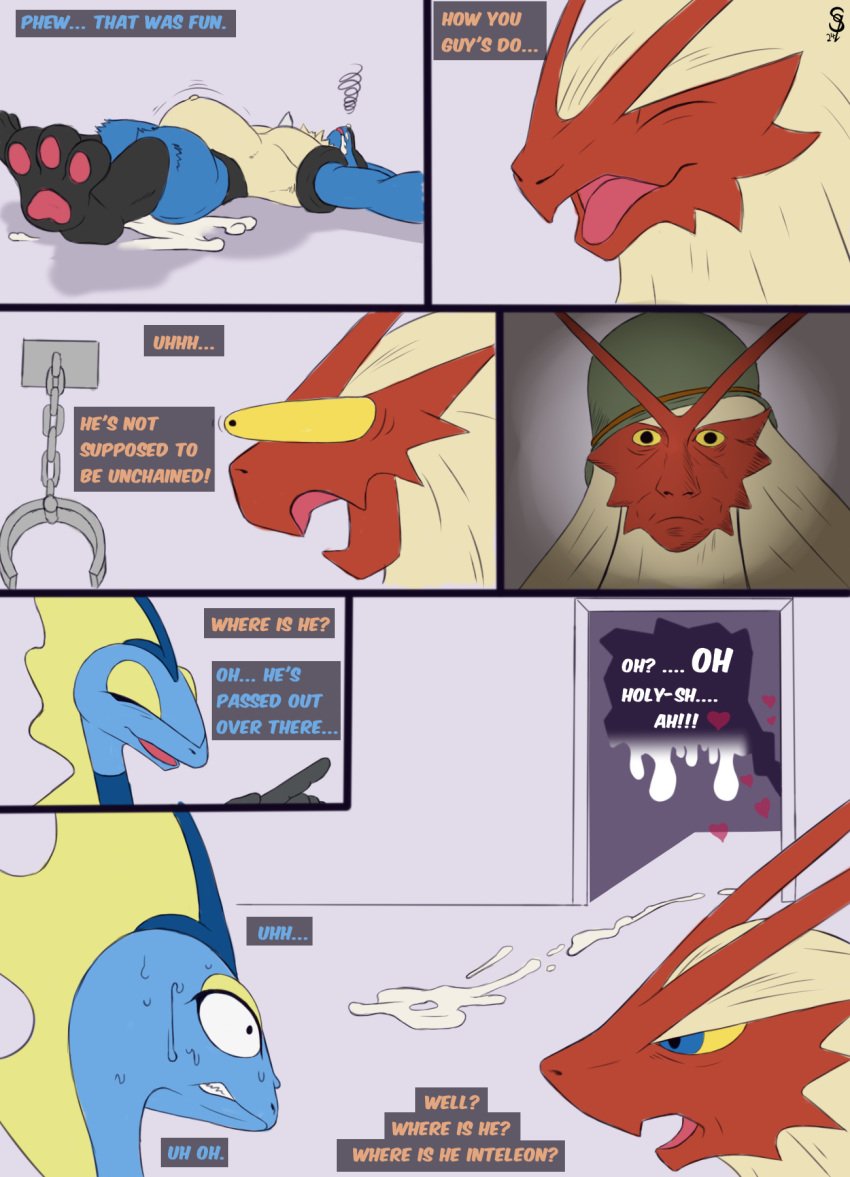 1000_yard_stare anthro blaziken bodily_fluids bulging_eyes canid canine chains comic cum cum_inside cum_on_ground english_text generation_3_pokemon generation_4_pokemon generation_8_pokemon genital_fluids hi_res inflation inteleon lucario lying male mammal nintendo on_back pokemon pokemon_(species) reptile scalie squeeshy sweat sweating_profusely text thousand_yard_stare unconscious worried_look