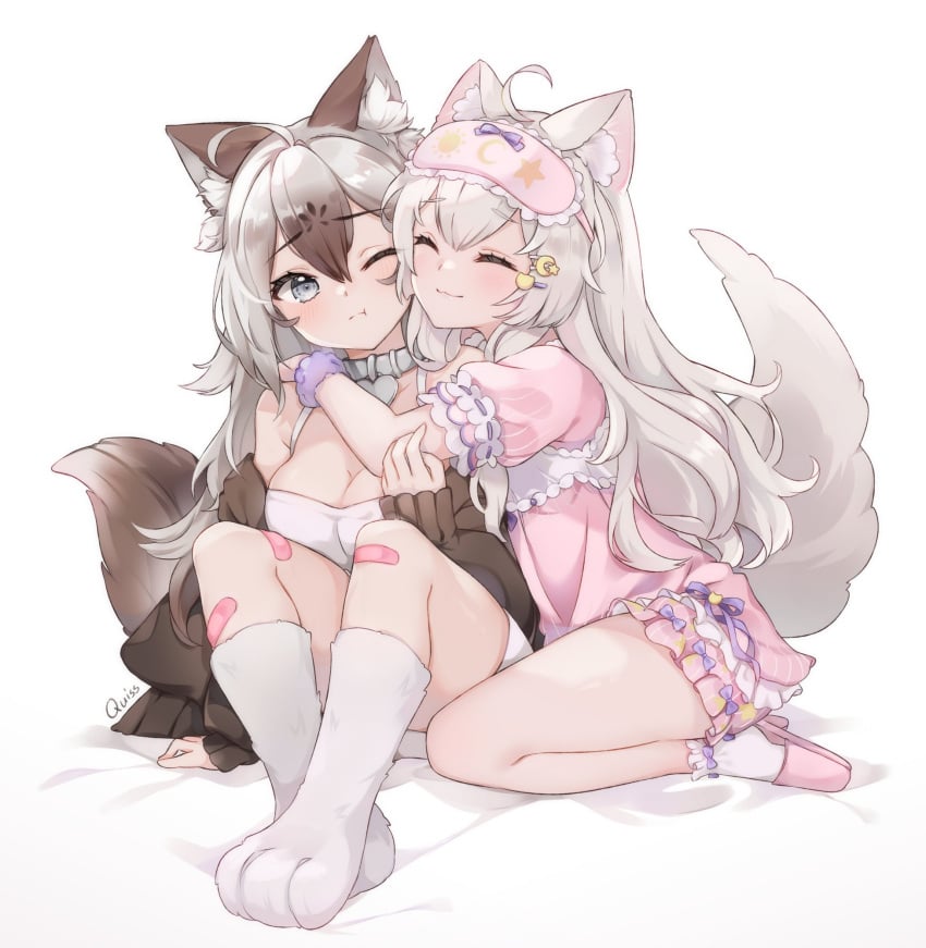 2girls :t ahoge animal_ear_fluff animal_ears bandaid bandaid_on_knee bandaid_on_leg bangs blush breasts brown_hair cheek-to-cheek cleavage closed_eyes closed_mouth collar cute cweamcat_(vtuber) dress eye_mask foxplushy frills grey_eyes grey_hair hair_between_eyes hair_ornament heads_together high_heels hug jacket long_hair long_sleeves mask medium_breasts multicolored_hair multiple_girls off_shoulder one_eye_closed pink_footwear puffy_short_sleeves puffy_sleeves quiss short_sleeves simple_background sitting sleep_mask smile socks tail virtual_youtuber white_background wholesome wolf_ears wolf_girl wolf_tail