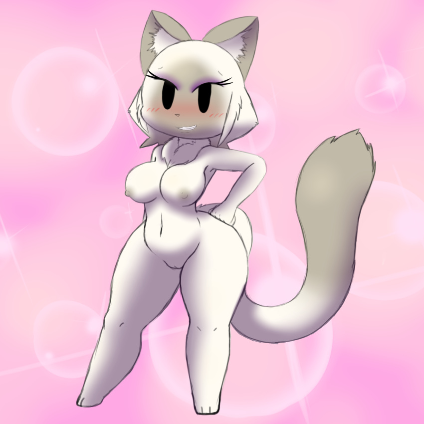 anthro areola big_breasts bit-small blush breasts brown_areola brown_fur brown_nipples dipstick_tail dot_(bit-small) feline feline female fur grin hi_res looking_at_viewer mammal multicolored_tail navel nipples nude pink_background pussy simple_background smile solo teeth white_fur