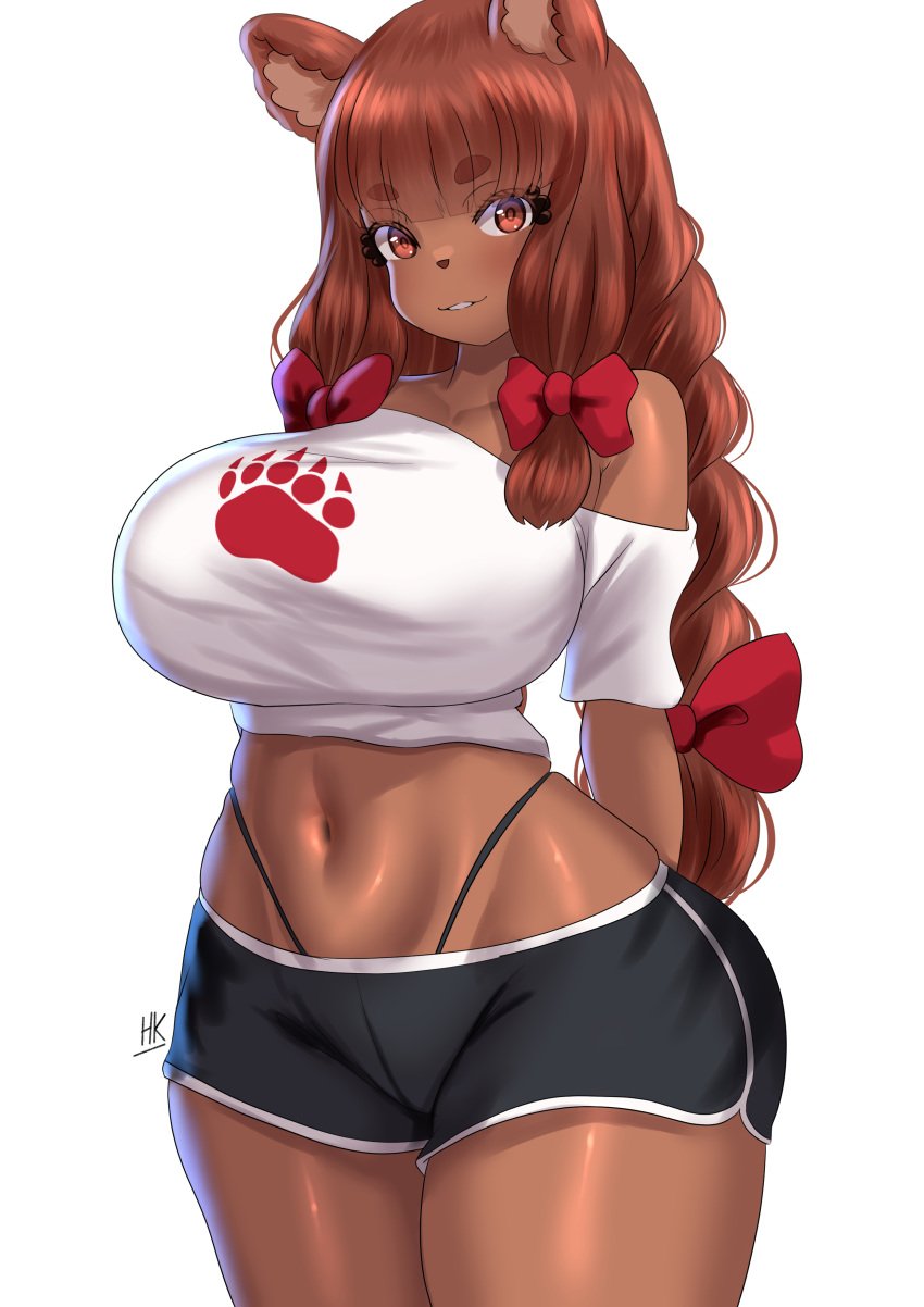 1girls anthro arms_behind_back bare_shoulders bear_ears bear_girl beau_(luxurias) big_breasts braid brown_body brown_hair female female_only g-string hair_ribbon kein_hasegawa long_hair looking_at_viewer shorts smiling smiling_at_viewer solo t-shirt thick_thighs twin_braids twintails ursid ursid_humanoid ursine very_high_resolution white_background