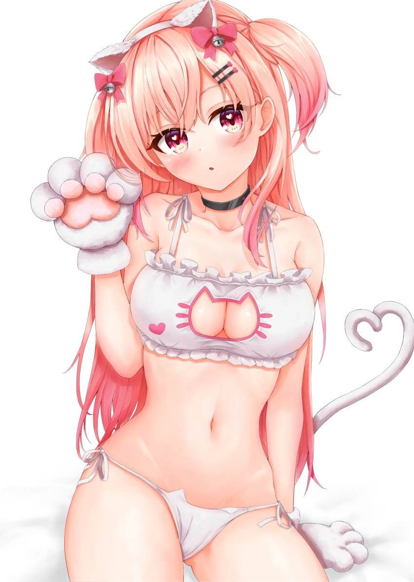 bikini cat_ears_hairband cat_gloves cat_tail catgirl_costume cleavage_cutout heart_tail hearts_in_eyes kimu_hatusen nina_momose project_nebula